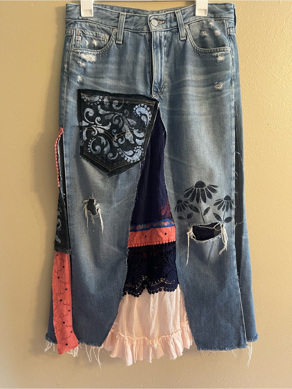 Women’s Blue Patchwork Distressed Jeans Skirt